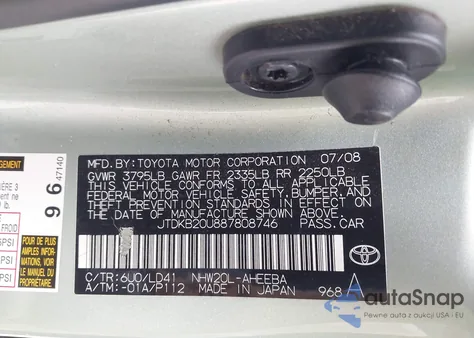 2008 Toyota Prius Touring z USA, uszkodzony, nr VIN JTDKB20U887808746